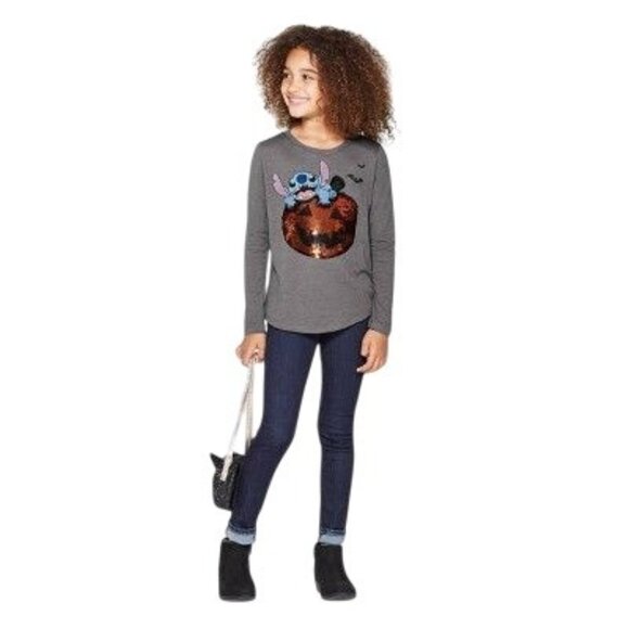 Girls' Lilo & Stitch Halloween Flip Sequin Long Sleeve T-Shirt - Charcoal L, Gre - Picture 4 of 13
